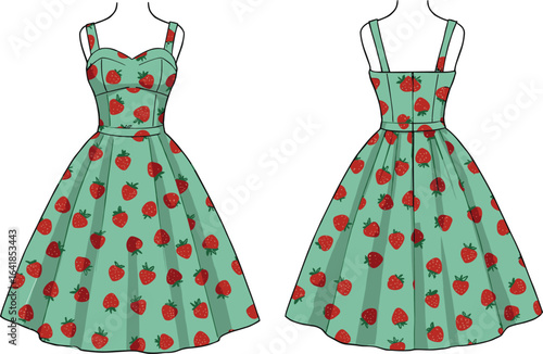 Sleeveless strawberry print dress front and back view, sweetheart neckline, flared skirt, zipper detail, cad drawing flat vector illustration