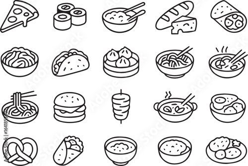 World Cuisines Icon Set – Italian, Japanese, Indian, French, Korean, Mexican, Chinese, Mediterranean Dishes in Cartoon Style