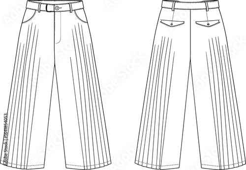 High waist pleated pants technical sketch, front and back view, cad drawing, fashion flat, vector template, sewing illustration