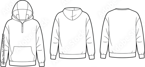 Hoodie and sweatshirt technical sketch, front and back view, flat vector template, CAD drawing, apparel design, fashion illustration