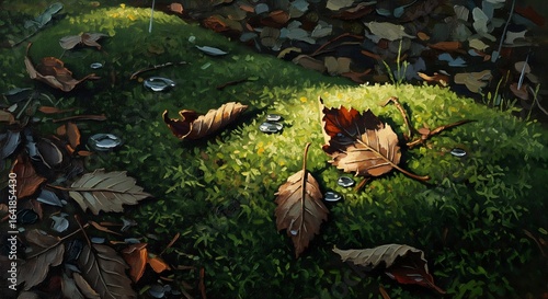 Autumn leaves and dew drops on mossy ground illuminated by sunlight