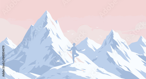 Vector illustration of a person finding balance in tree pose yoga on a tranquil snowy mountain summit at dawn