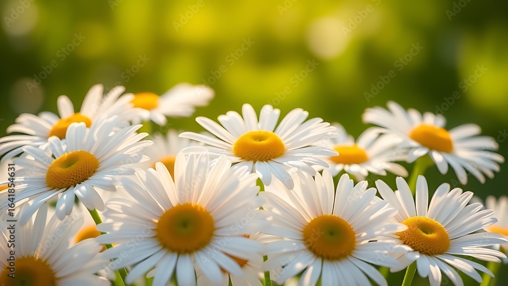 Fototapeta premium Fresh daisies bathed in sunlight with a soft green background, showcasing delicate petals in close-up.