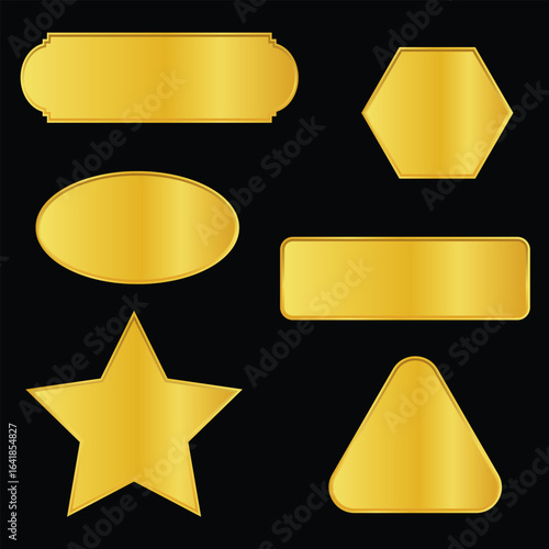 Set of Golden lable banner tag, label, Gold medal, Empty metallic label with different shape. Gold button of different geometric shapes. Golden oval, circle, triangle, square, star, hexagon, pentagon.
