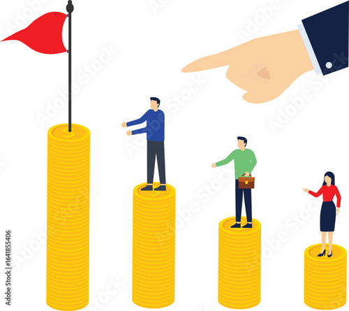 Business mentor helps improve career and money stacks growing. He holds stairs steps vector illustration. Mentorship, upskills, climb help self development strategy flat style design business concept.