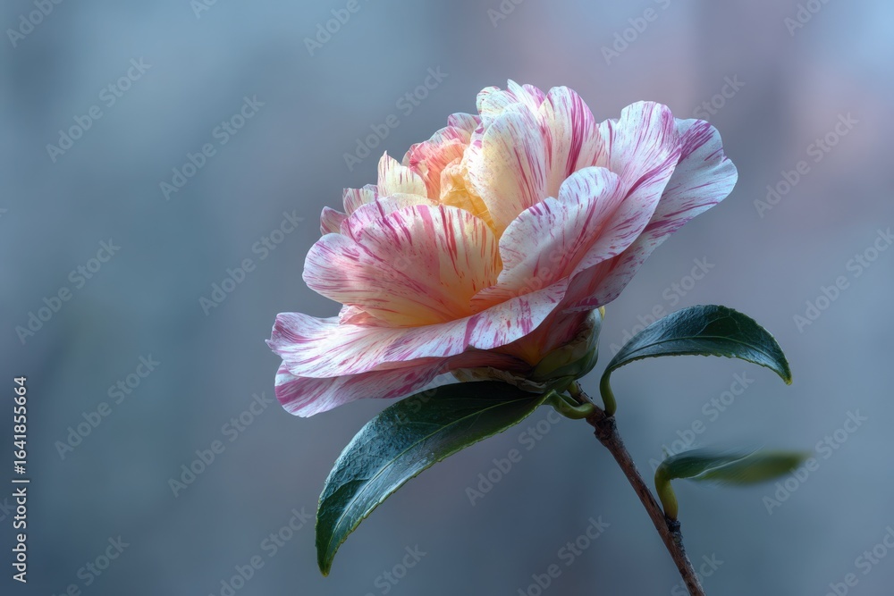 Fototapeta premium Delicate pink and yellow camellia flower with green leaves