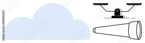 Cloud with balancing scale and telescope representing decision-making, exploration, and technology. Ideal for innovation, strategy, analytics, future, opportunity, progress minimalistic concept