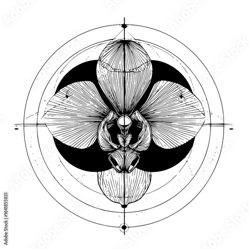 Orchid flower drawing black and white botanical illustration floral design circle art decorative element vector art