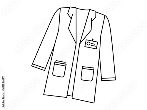 Hand drawn cute outline illustration of white coat. Flat vector doctors clothes line art doodle. Health care professional treatment sticker, icon. Medicine uniform. Therapist help or support. Isolated