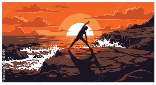 Silhouette Yoga at Sunset A Serene Coastal Scene with a Person in Triangle Pose