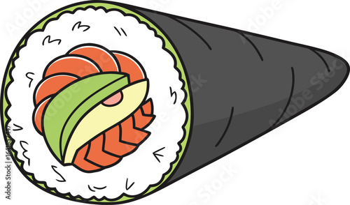 Sushi roll on a wooden platter with sliced avocado halves, vector illustration