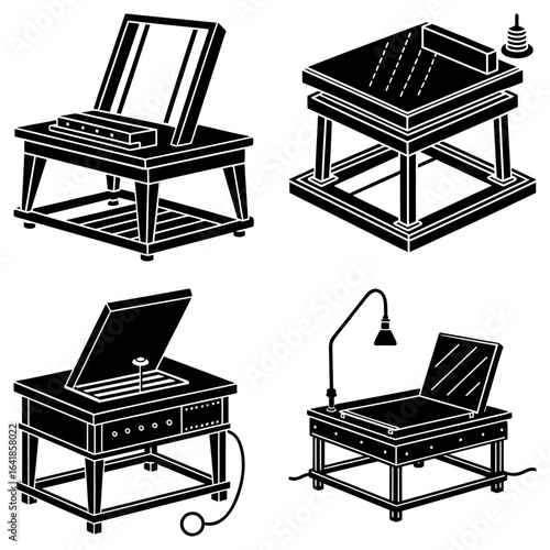 Four different isometric illustrations of darkroom enlargers on tables in black and white style