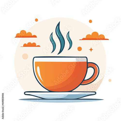 A vibrant orange teacup with rising steam, resting on a saucer, with clouds.