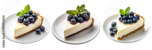 Collection of slice creamy cheesecake topped with fresh blueberries and a mint sprig, elegantly placed on a white plate isolated on a transparent background