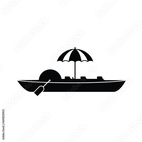 Black silhouette of paddleboat with umbrella watercraft