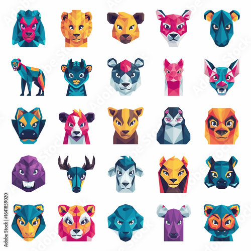 vector geometric animal faces, each composed of various polygons and bright colors. The animals are stylized in a low-poly art style, giving them a modern and artistic appearance. Each face 