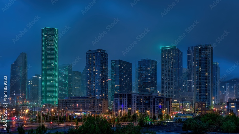 Obraz premium Night Panorama of Downtown Cityscape with Illuminated Skyscrapers and Modern Architecture at Dusk