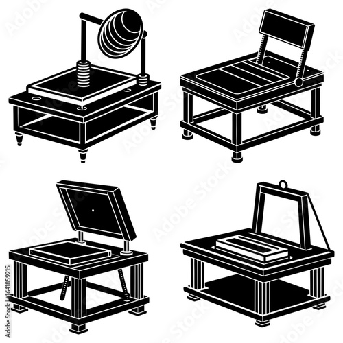 Four different styles of printing presses illustrated in black and white showing various press mechanisms