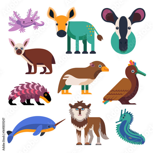vector geometric animal faces, each composed of various polygons and bright colors. The animals are stylized in a low-poly art style, giving them a modern and artistic appearance. Each face 