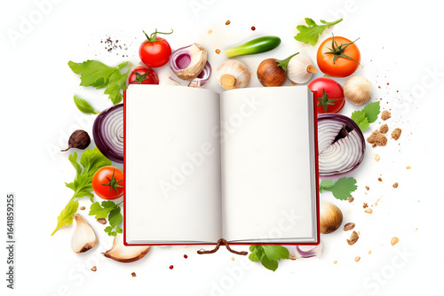 Wallpaper Mural Open recipe book surrounded by fresh vegetables like tomatoes, onions, garlic, and peppers, ideal for culinary enthusiasts. Torontodigital.ca