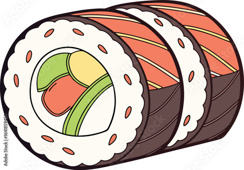 Three Sushi Pieces Delicately Placed on a Wooden Cutting Board, vector illustration