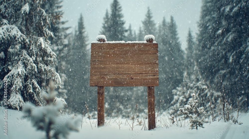 Fototapeta premium Wooden Sign in Snowy Winter Forest: Blank Template for Advertising or Informational Messages