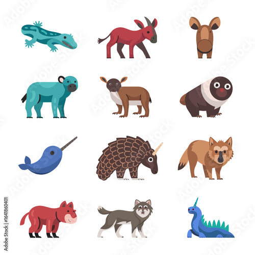 vector geometric animal faces, each composed of various polygons and bright colors. The animals are stylized in a low-poly art style, giving them a modern and artistic appearance. Each face 
