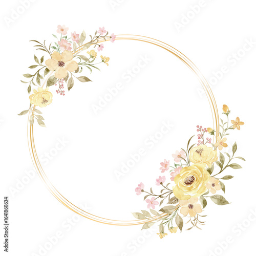 Watercolor yellow pink floral wreath with circle