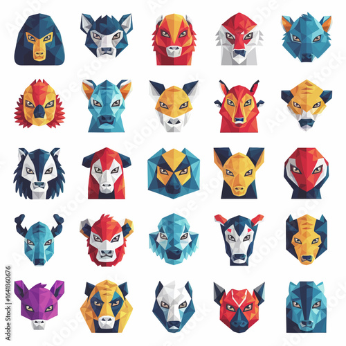 vector geometric animal faces, each composed of various polygons and bright colors. The animals are stylized in a low-poly art style, giving them a modern and artistic appearance. Each face 