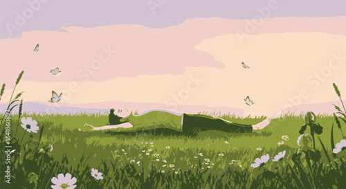 Vector illustration of a human figure in harmony with nature, relaxing and merging with a grassy hill in a summer meadow.
