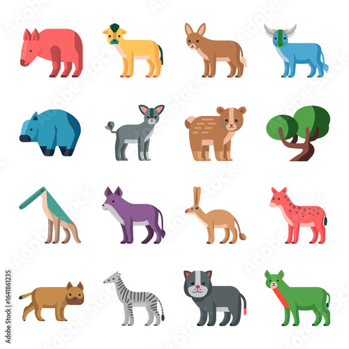 vector geometric animal faces, each composed of various polygons and bright colors. The animals are stylized in a low-poly art style, giving them a modern and artistic appearance. Each face 