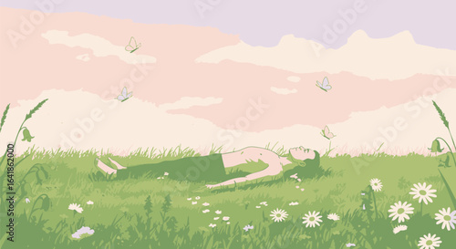 Serene illustration of a person relaxing in a summer meadow filled with daisies and butterflies, embodying tranquility and wellness.