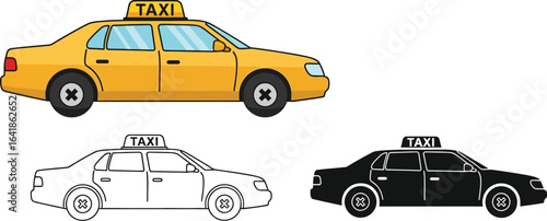 Taxi cab vector illustration set yellow black and white line
