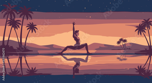 Woman practicing yoga warrior pose on a tropical beach at sunset with palm tree silhouettes and water reflection, vector illustration_20250705_130043 (2).eps