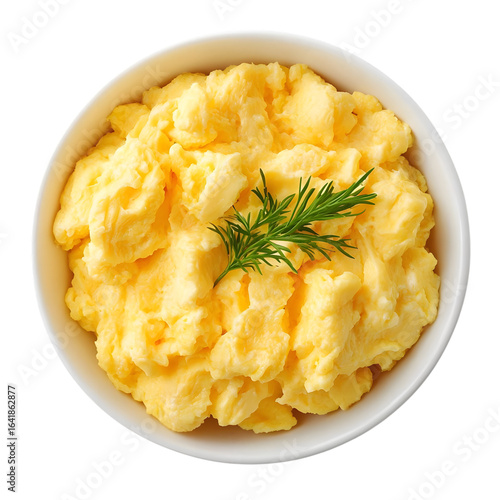 Scrambled eggs in a cup, top view, isolated on transparent background.