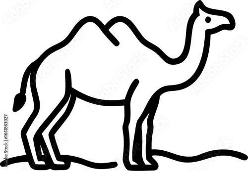Desert landscape with a camel walking across sand dunes under a clear sky