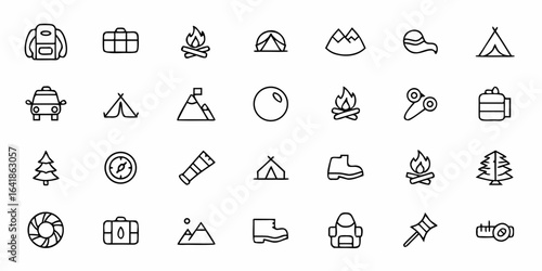 Outdoor Camping and Adventure Glyph Icons – Hiking, Backpacking, Wilderness Travel, and Nature Tourism Vector Collection