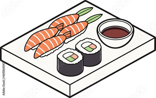 Sushi rolls on bamboo mat with knife prepared to serve, vector illustration