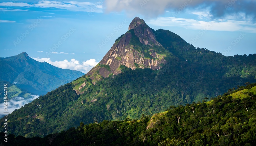Fototapeta premium Mountain peak, lush forests, clouds