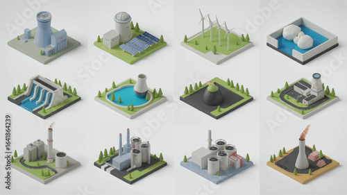 Isometric Energy Production Illustration showcasing diverse methods for power generation including nuclear wind hydro solar and geothermal energy sources