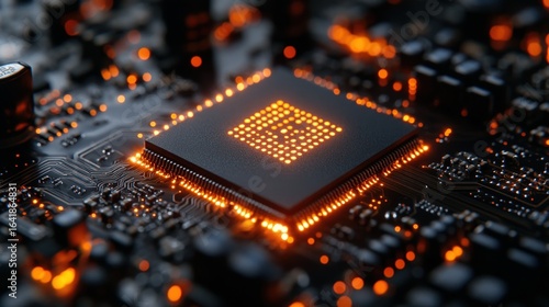 Close-up of a glowing computer chip on a circuit board