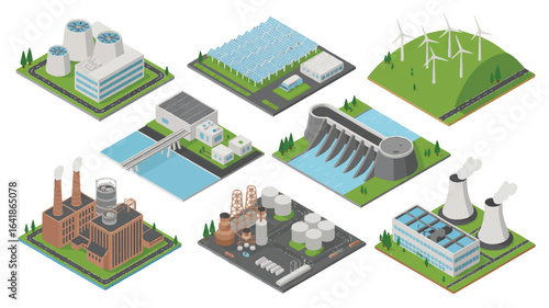 Isometric Power Generation Plants Collection Featuring Nuclear Solar Wind Hydroelectric Coal Oil and Geothermal Energy Sources