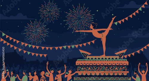 A vibrant cultural festival at night with a spectacular acrobatic performance and fireworks for a cheering crowd.