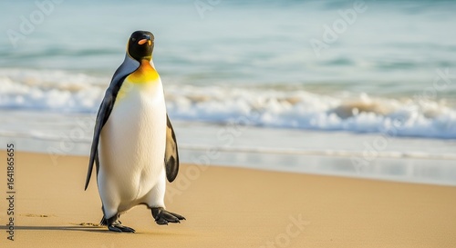 A king penguin walks along a sandy beach with the ocean in the background