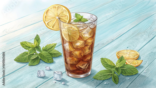 A refreshing tall glass of iced tea with ice and garnish