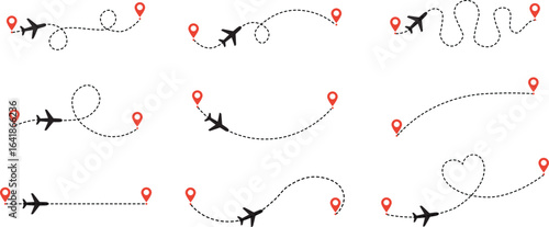Airplane Travel Paths: Creative Flight Route Illustrations with Location Pins
Vector Airplane Paths and Travel Routes—Dotted Flight Lines with Map Markers