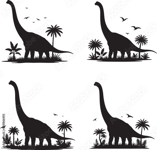 Four prehistoric dinosaur silhouettes in a jungle landscape silhouette