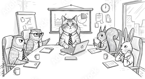 Animal Business Meeting Illustration with Cat CEO and Owl, Squirrel, Rabbit Employees