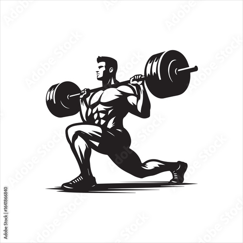 Powerful athletic man lifting heavy barbell during intense lunge exercise routine. Fitness concept