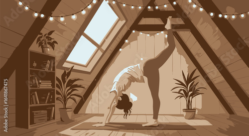 Finding balance and peace with a home yoga practice in a cozy, sunlit attic sanctuary illustration.